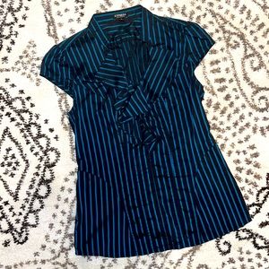 EXPRESS Elite Stretch Black & Blue Women’s Striped Ruffle Top Size S